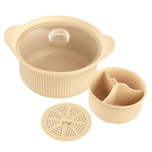 42oz Microwave Silicone Steamer 3 Compartmented, Large Microwave Pot with Handle & Lid for Vegetables/Baby Food Beige
