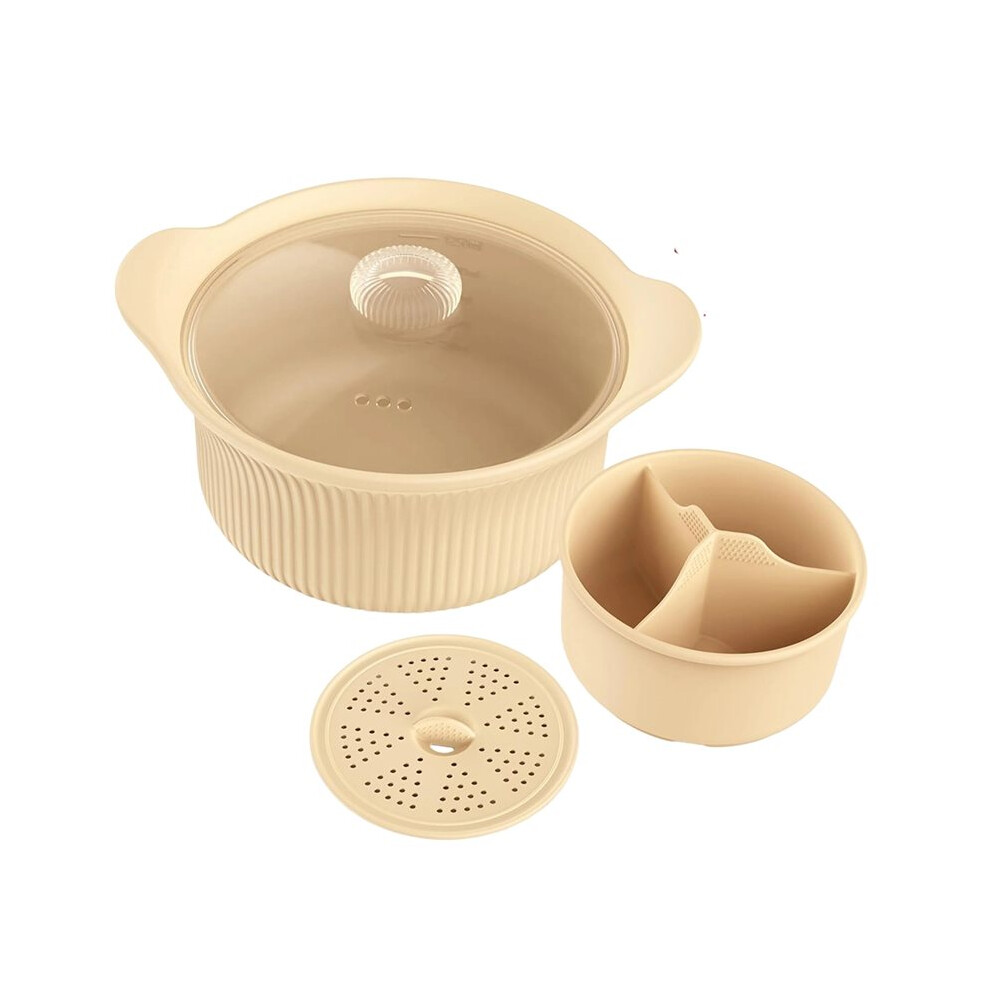 42oz Microwave Silicone Steamer 3 Compartmented, Large Microwave Pot with Handle & Lid for Vegetables/Baby Food Beige