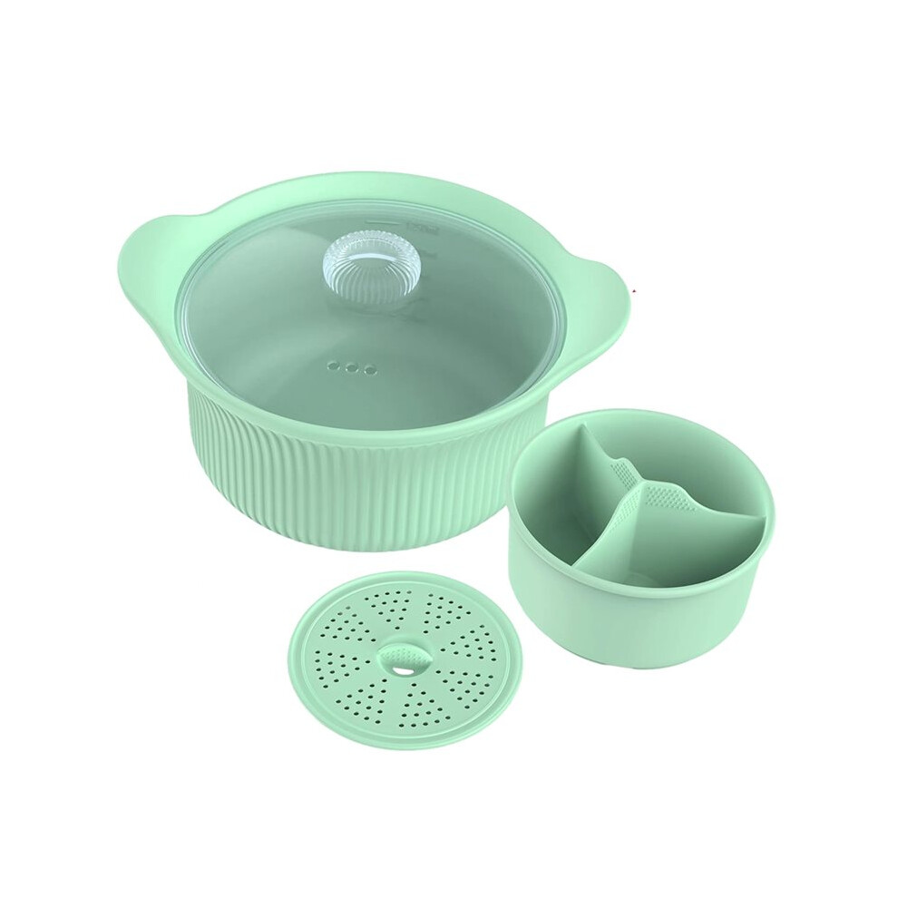 Tlily 42Oz Microwave Silicone Steamer 3 Compartmented, Large Microwave Pot With Handle & Lid For Vegetables/Baby Food Green