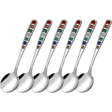 7.24" European Soup Spoons, Stainless Steel Colorful Enamel Spoon Drinking Spoon, Dishwasher Safe Set of 6