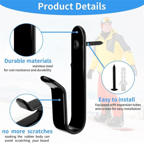 2 Pcs Horizontal Snowboard Wall Racks, Wall Mount Clips Storage Hanger Display Rack SKi Board Storage 1