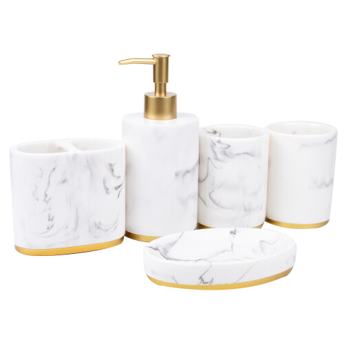 Bathroom Accessories Set, 5 Pieces Bath Ensemble, Bath Set Collection Marble Pattern Soap Dispenser Pump, Toothbrush Holder, Soap Dish