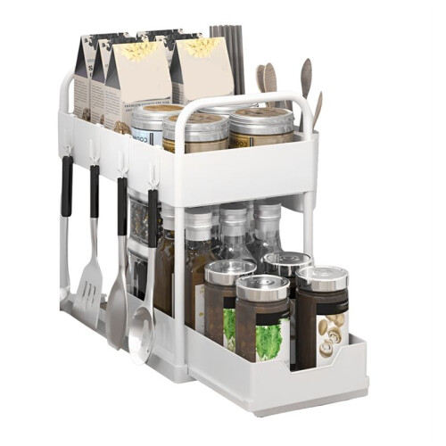 Multifunctional Kitchen Rack Pull-Out Spice Rack Double-Layer Cabinet Storage Rack White