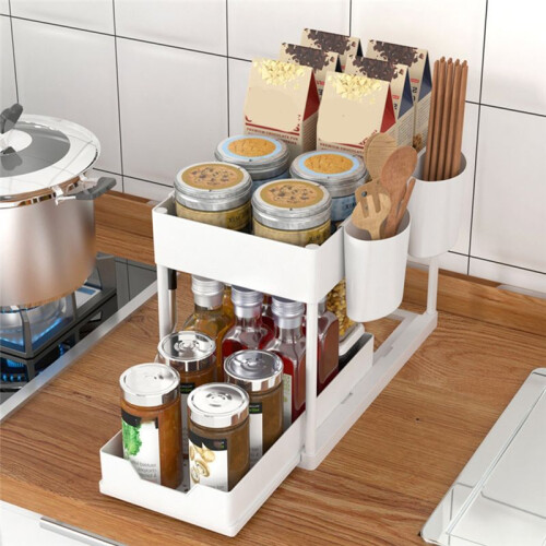 Multifunctional Kitchen Rack Pull-Out Spice Rack Double-Layer Cabinet Storage Rack White 2