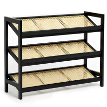 KEPLIN Bamboo and Rattan Shoe Rack Organiser, Black and Natural, 3 Tier