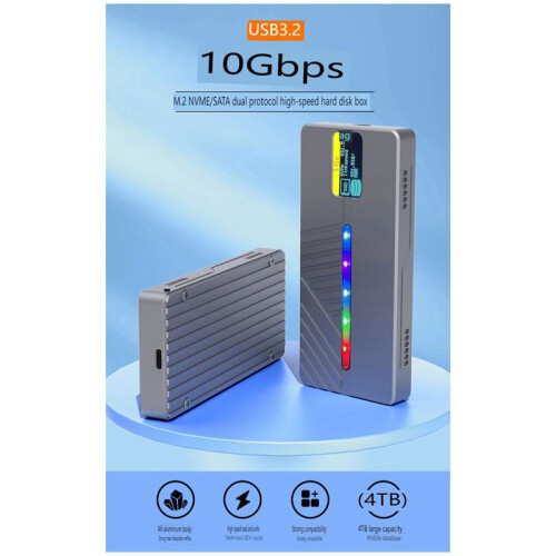 Display M.2 Solid State Mobiele Harde Schijf Box 10GB Dual Protocol NVMe/ Aluminium Behuizing