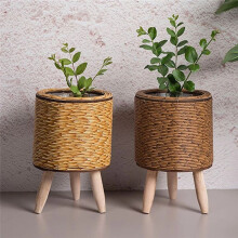 Vintage Imitation Rotin Tissé éTagèRe à Fleurs JardinièRes Panier de Rangement Fait à la Main avec Pieds en Bois Support de Pot de Plante,C