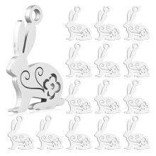 20 PCS Stainless Steel Rabbit Charms, Easter Bunny Pendants with Hollow Flower, Small Animal Metal Charms,Silver