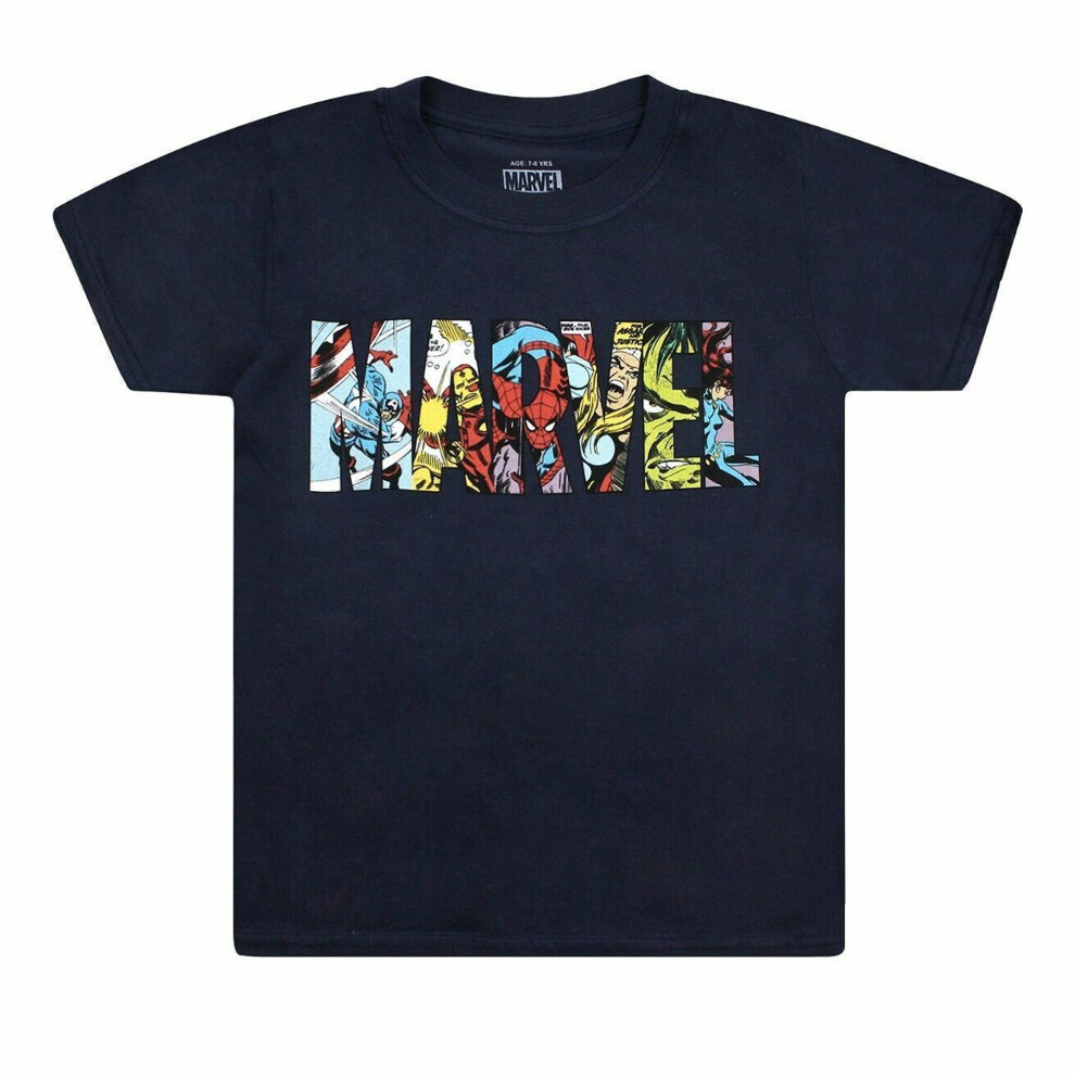 Marvel (7-8 Years, Navy) Childrens Boys Characters Logo T-Shirt Blue,Multicoloured