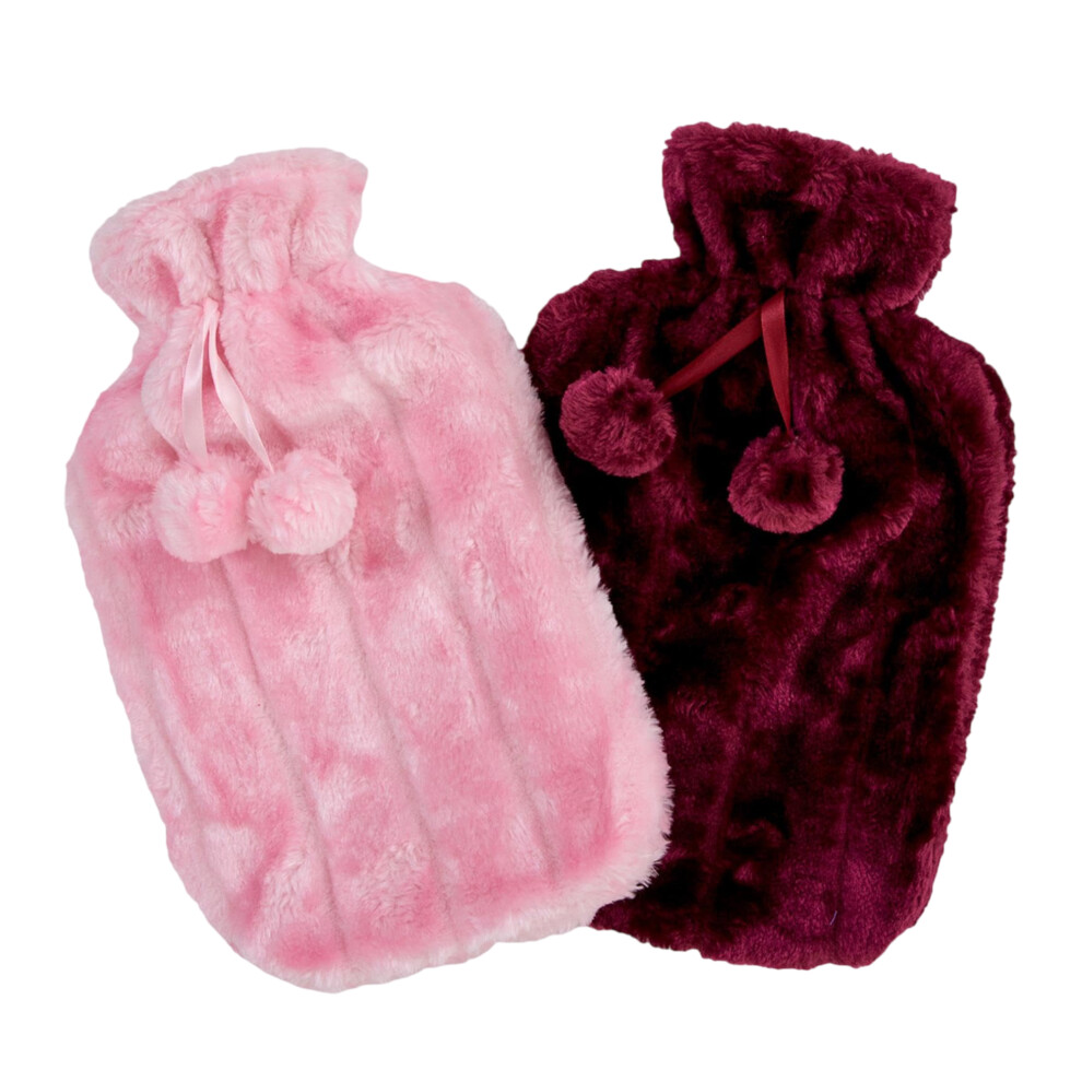 K Collection Pom Pom 2L Hot Water Bottle And Cover (Pack Of 2) - Pink/Plum - Image 2