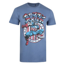 (S, Indigo) Captain America Mens Japanese Washed T-Shirt