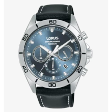 Lorus Mens Fashion Sports Chronograph Date Grey/Blue sunray Dial Black Leather strap Watch RT341KX9