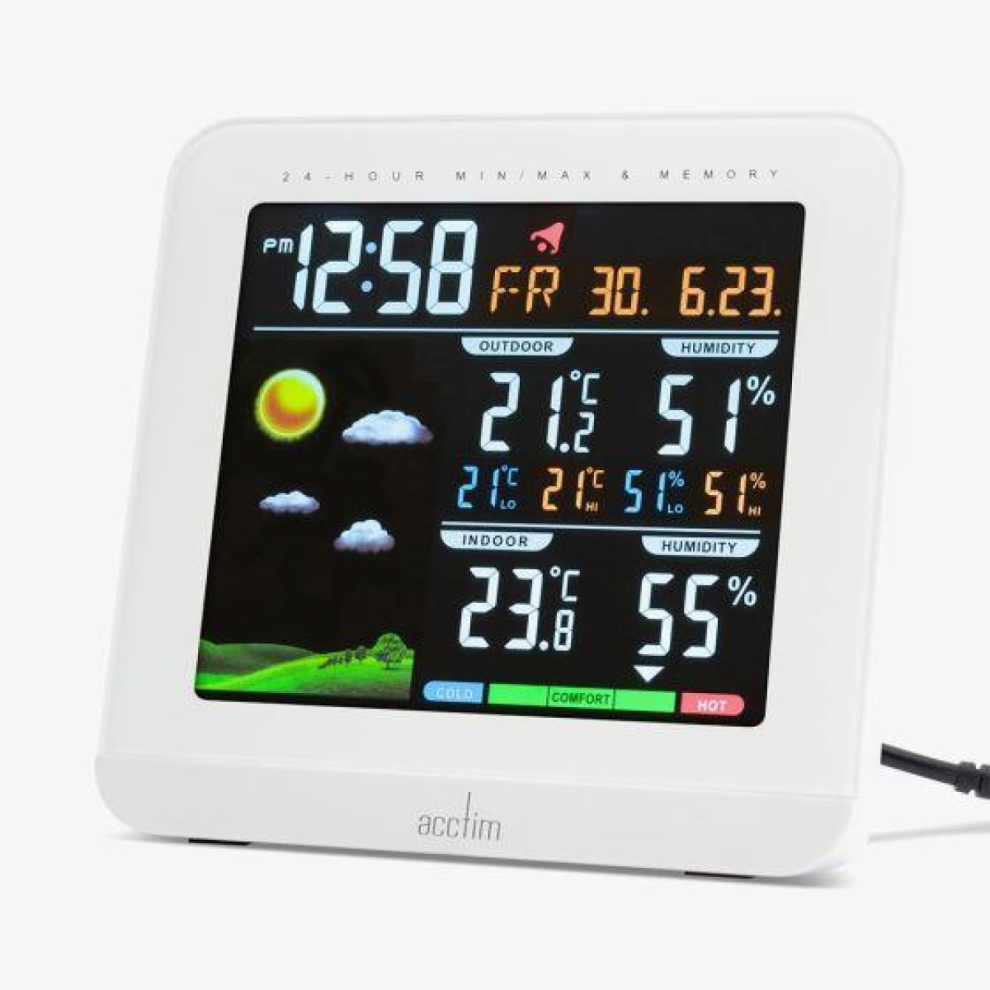 Acctim Wyndham Display Black 6 In 1 Barometric Weather Station With Outdoor Sensor Temperature Humidity Alarm Clock