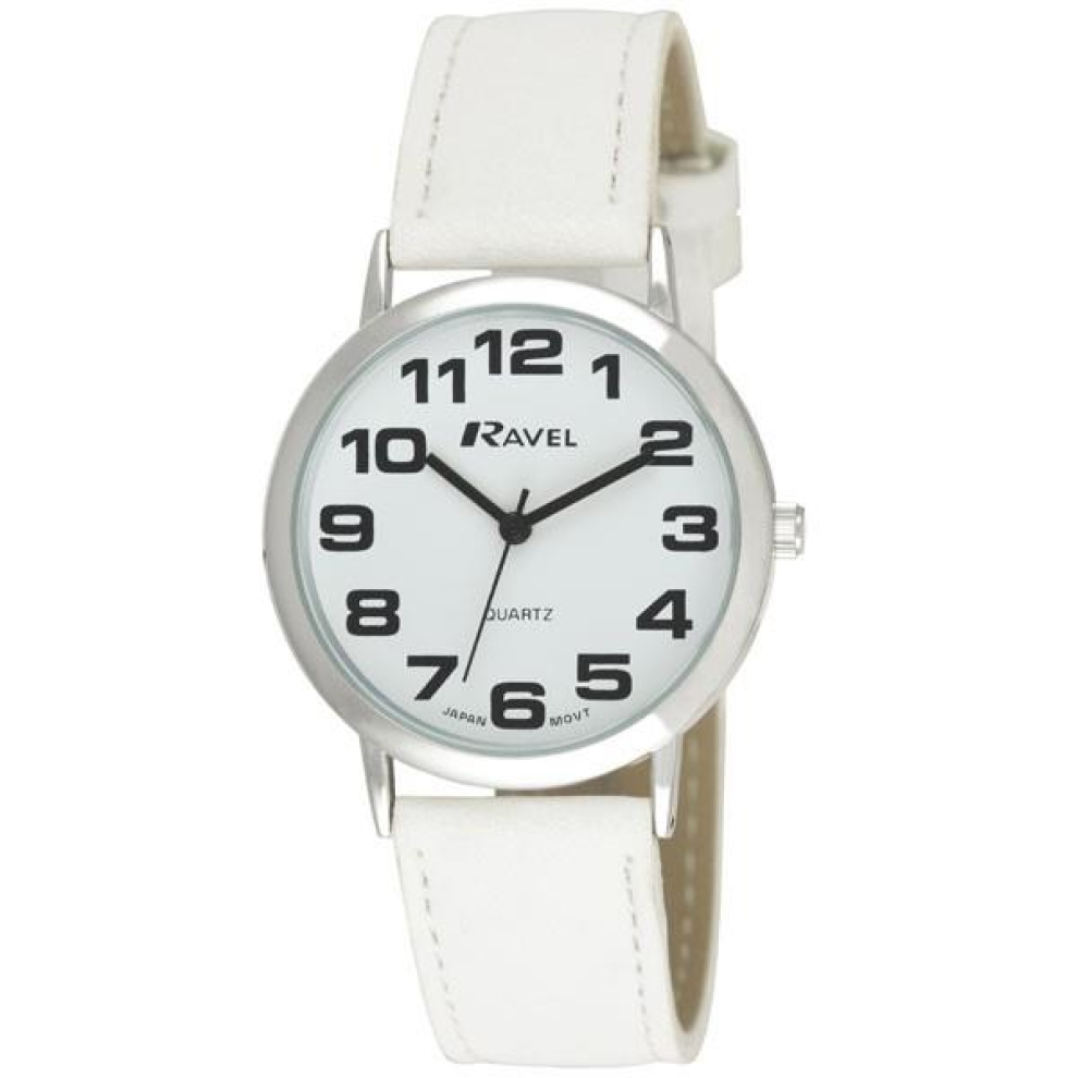 Ravel Unisex Classic Big Dial Leather Strap Watch R0105.13.4a White