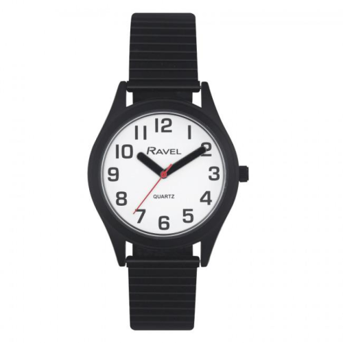 Ravel Ravel Mens Basic Bold Easy Read Expander Bracelet Watch White/Black R0225