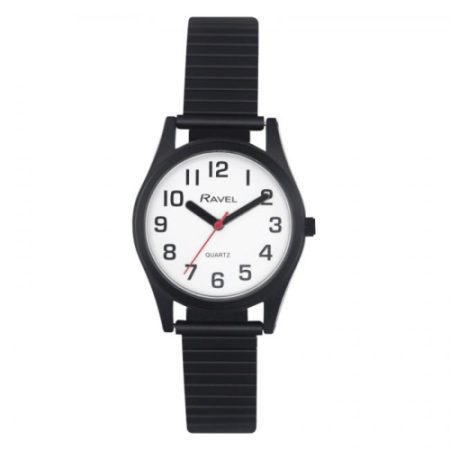 Ravel Ravel Ladies Basic Bold Easy Read Expander Bracelet Watch White/Black R0225