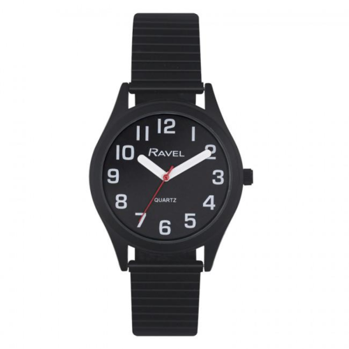 Ravel Ravel Mens Basic Bold Easy Read Expander Bracelet Watch Black/Black R0225