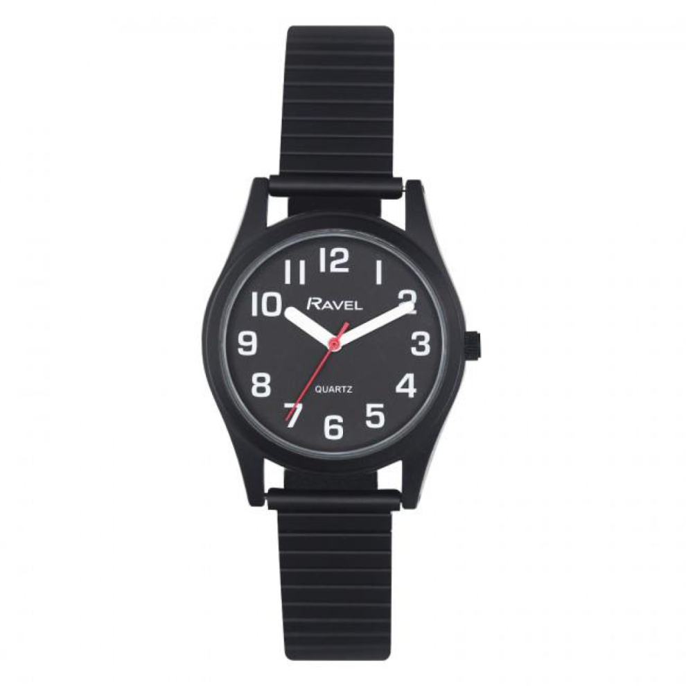 Ravel Ladies Basic Bold Easy Read Expander Bracelet Watch / R0225 Black