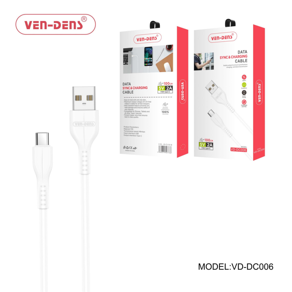 Ven-Dens Usb To Type C Charging Cable 2A (1 Metre) White 5060674507736