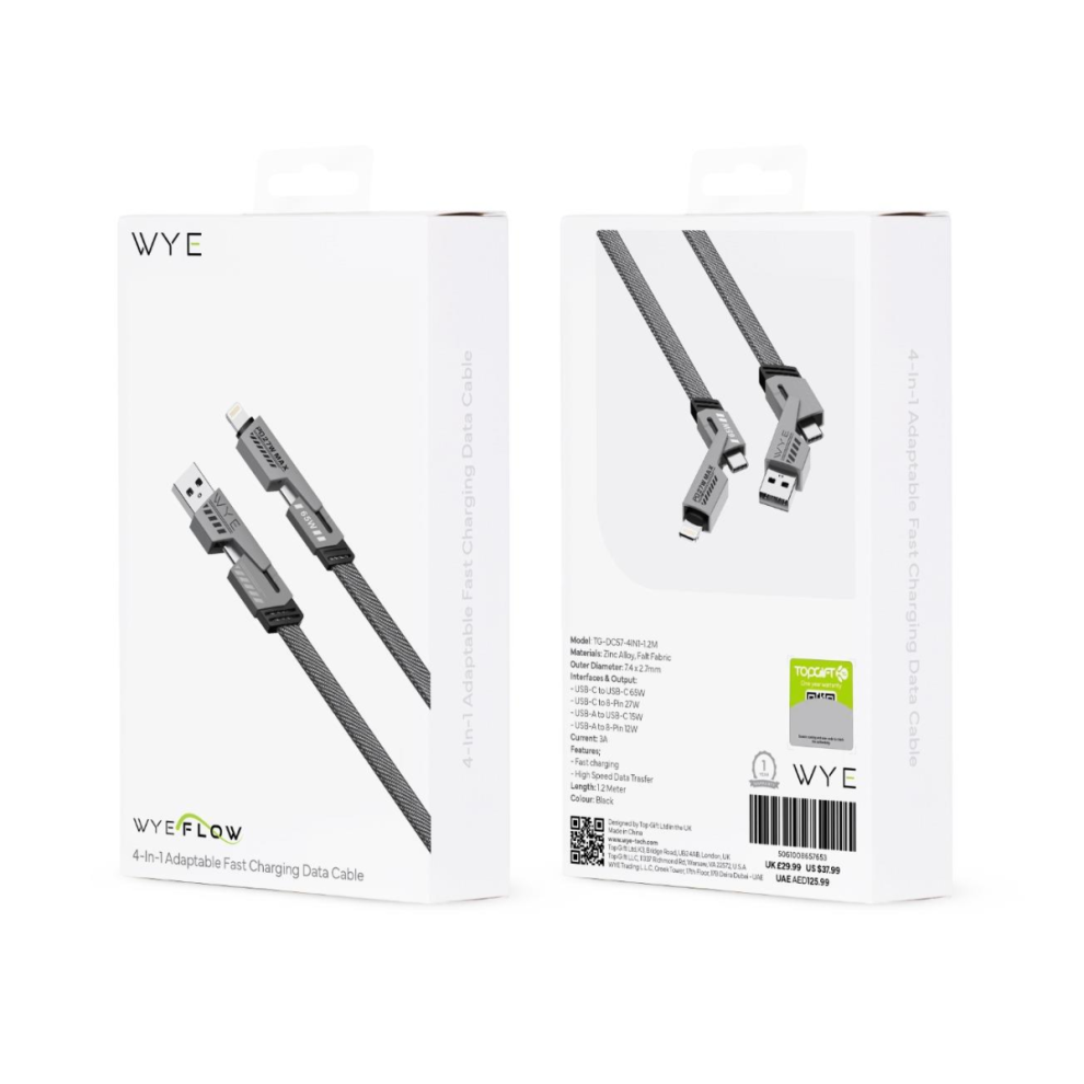 Wyeflow 4-In-1 Aadaptable Fast Charging & Data Cable 1.2M