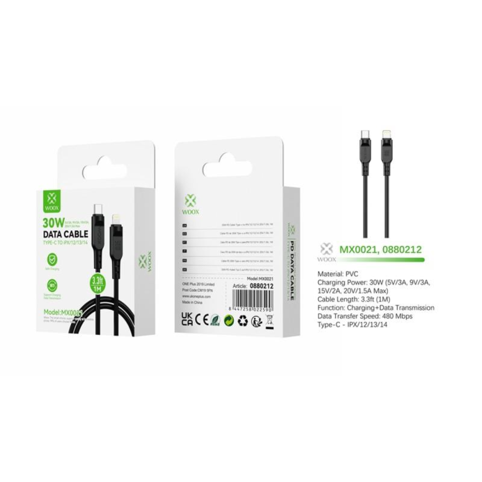 Woox Mx0021 Type C To Lightning Pvc Data Cable, 30W, 3.3Ft 1M, Black 8447258022590