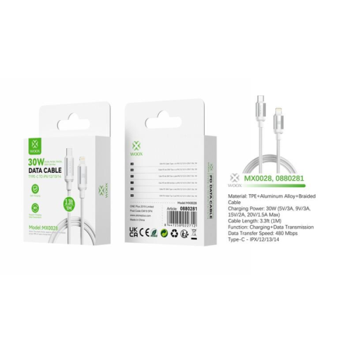 Woox MX0028 Type C to Lightning Braided Data Cable, 30W, 3.3ft 1m, White