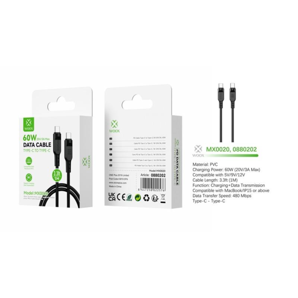 Woox Mx0020 Type C To Type C Pvc Data Cable, 60W, 3.3Ft 1M, Black 8447258022576