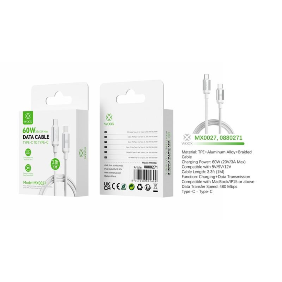 Woox Mx0027 Type C To Type C Braided Data Cable, 60W, 3.3Ft 1M, White 8447258022699