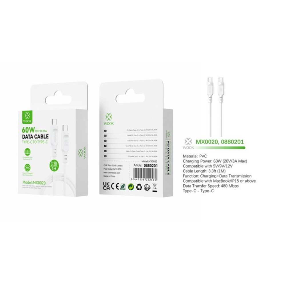 Woox Mx0020 Type C To Type C Pvc Data Cable, 60W, 3.3Ft 1M, White 8447258022569