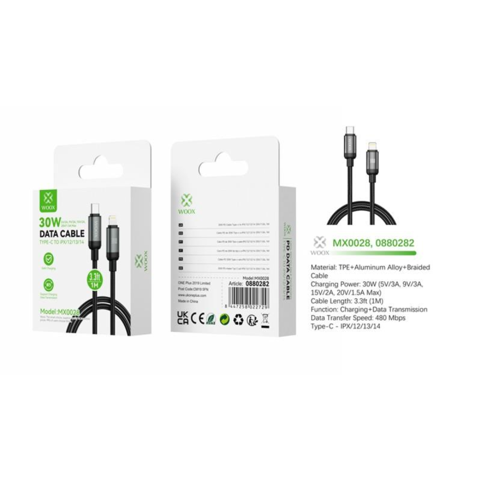Woox Mx0028 Type C To Lightning Braided Data Cable, 30W, 3.3Ft 1M, Black 8447258022729