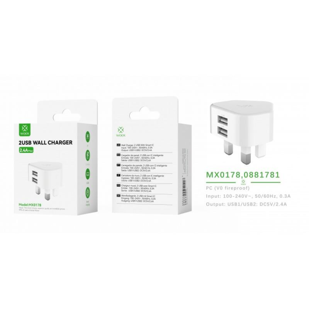 Woox Mx0178 Uk Dual Usb 2.4A Wall Charger, White 8447258027786