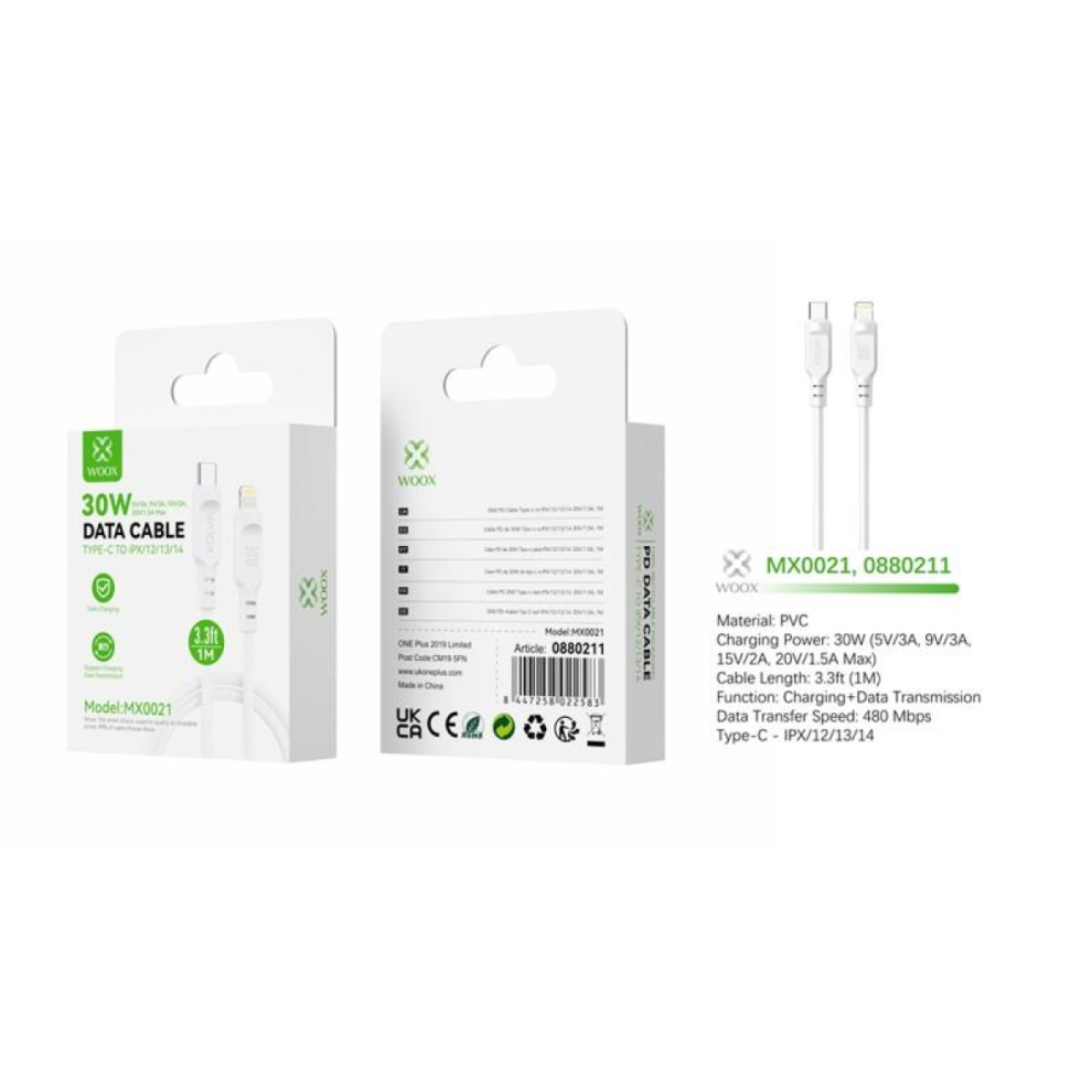 Woox Mx0021 Type C To Lightning Pvc Data Cable, 30W, 3.3Ft 1M, White 8447258022583