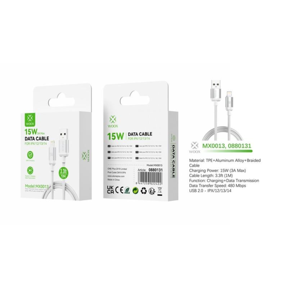 Woox Mx0013 Usb To Lightning Braided Data Cable, 15W, 3.3Ft 1M, White 8447258022422