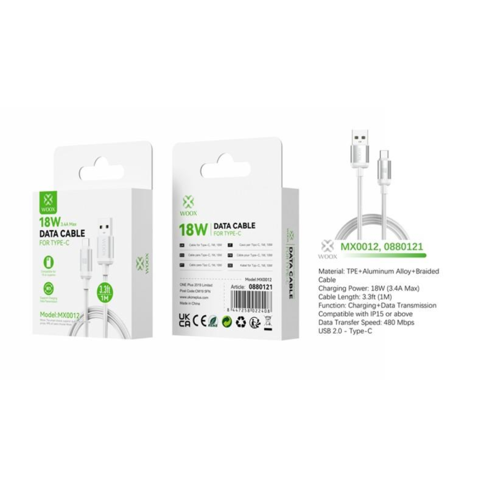 Woox Mx0012 Usb To Type C Braided Data Cable, 18W, 1M, White 8447258022408