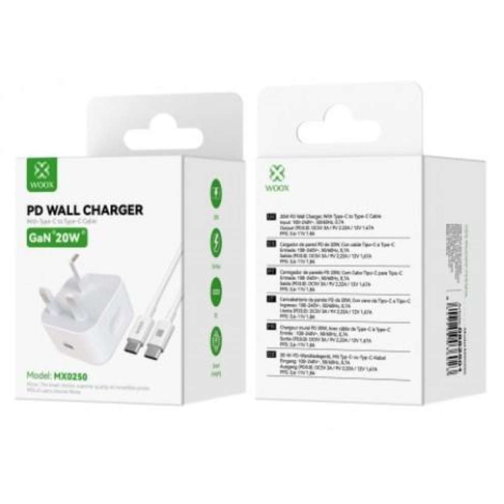 Woox Mx0250 20W Pd Home Charger With Type-C To Type-C Fast Cable, 5V 3A, White 8447258036023