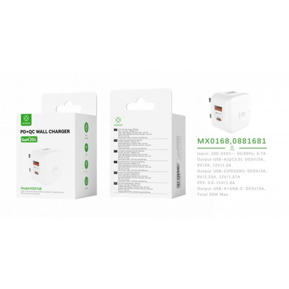 Woox Mx0168 Uk Type-C 20W Pd & Usb 3A Qc Wall Charger, White 8447258028240