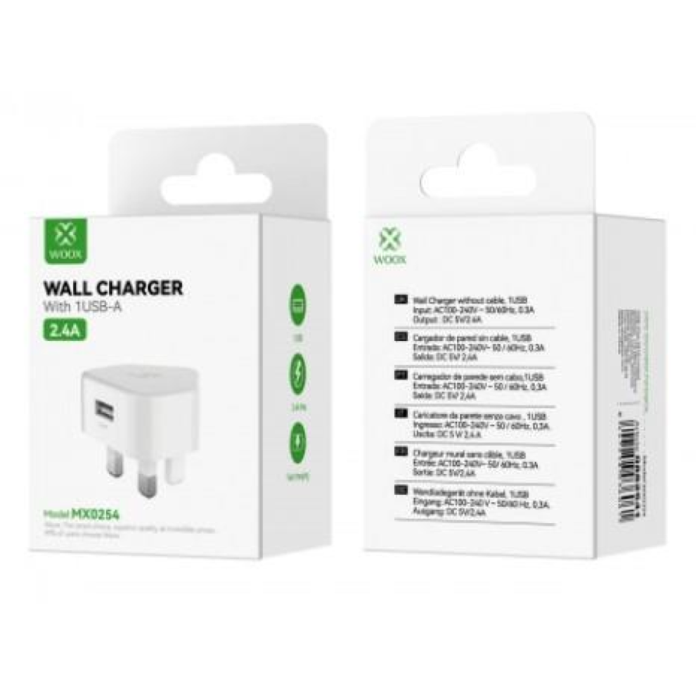 Woox Mx0254 2.4A Single Usb Wall Charger, Without Cable, White 8447258036061