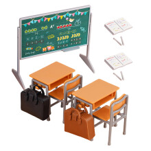 2Sets Delicate PVC Miniature School Desk Chair Orange Dollhouse Set