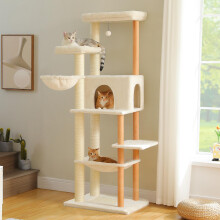 PAWZ Road Large Cat Tree, 186cm Tall Wooden Cat Tower with 2 Spacious Hammocks, 2 Big Top Beds, 8 Fully Scratching Posts and Natural Wood Posts,