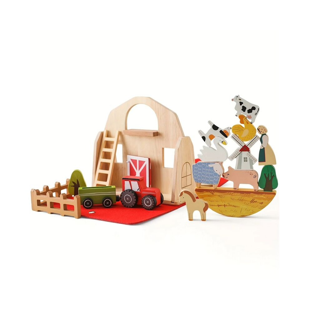 18Pcs Farm Animals Barn Toys Wooden Montessori Stacking For Toddlers Barn Toys Farm Pretend Playset Birthday Gift Red