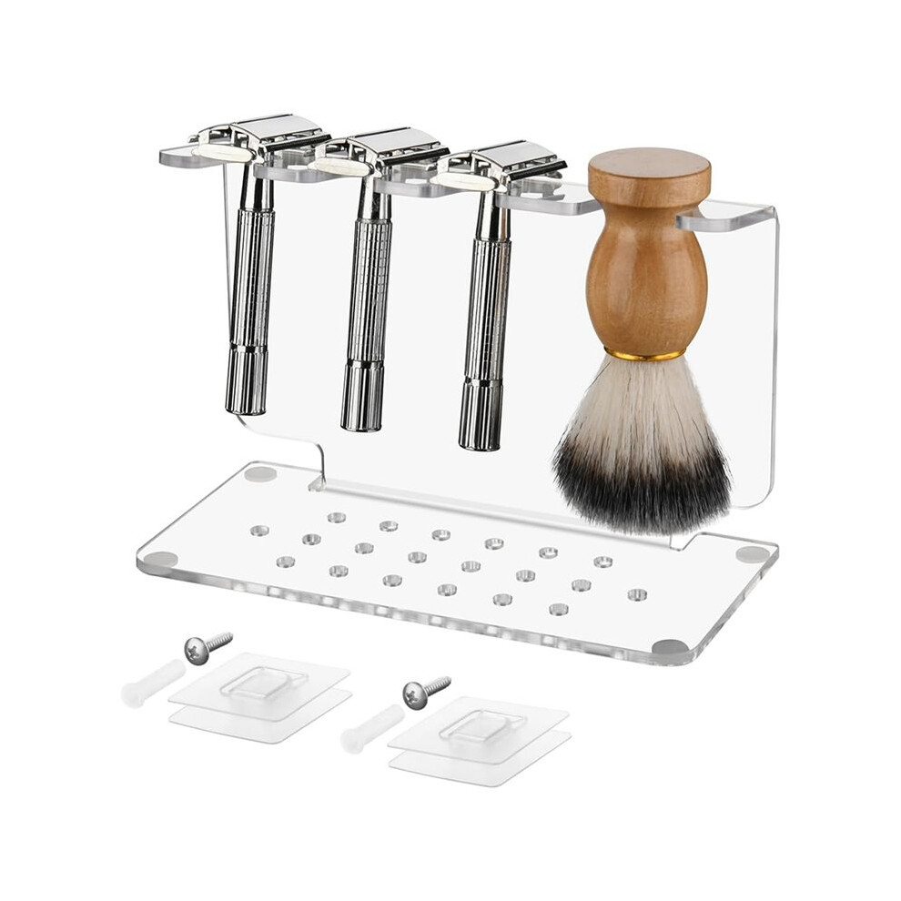 Acrylic  and Brush Stand, Clear, Space-Saving Design, Compatible with Most Shaving Tools, Holds 3 Razors & 1 Brush