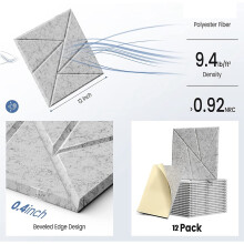 12Er-Pack Akustikplatten mit Selbstklebenden, 12 X 12 X 0,4 Zoll Schalldichten Schaumstoffplatten, Schallplatten mit Hoher Dichte, Silbergrau