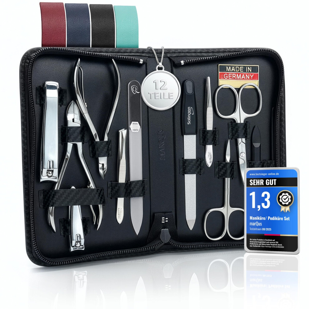 Marqus Solingen Manicure Set For Women And Men - 12 Pcs Kit - Made In Germany Incl. Nail Nippers, Glass Nailfile & Pedicure Tools - For Natural, Ceramic &