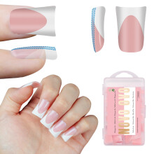NOVO OVO White French Tip Short Duck Nail Tips Press on, BABY PINK Pre-designed Soft Gel Nail Extension, Extra thick Full Cover Matte Vrial False