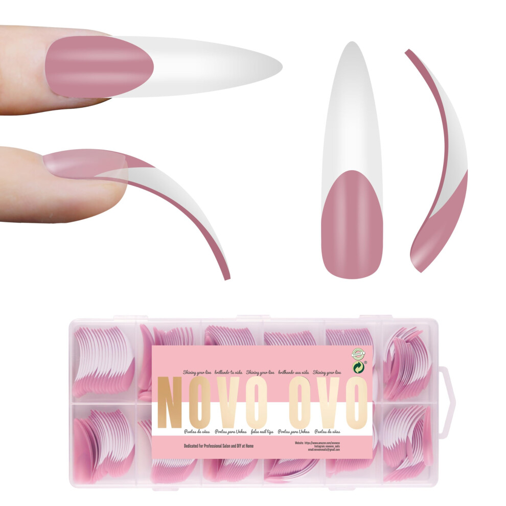 Novo Ovo Halloween Xxl Curved Stiletto Almond French Tip Nail Tips, Soft Gel Extra Thick Long Acrylic Hawk Curve Fake Extension, Need Builder Gel &