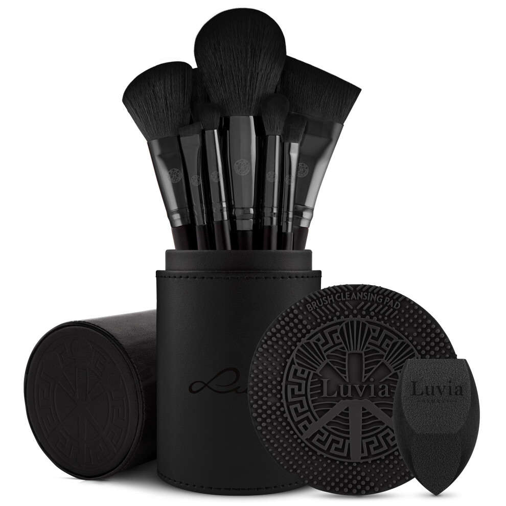 Luvia Cosmetics Black Luvia Prime Vegan Pro Make-Up Brush Set, 12 Makeup Brushes Including Brush Storage, Blender Sponge & Cleaning Mat For Cosmetic Brushes, &