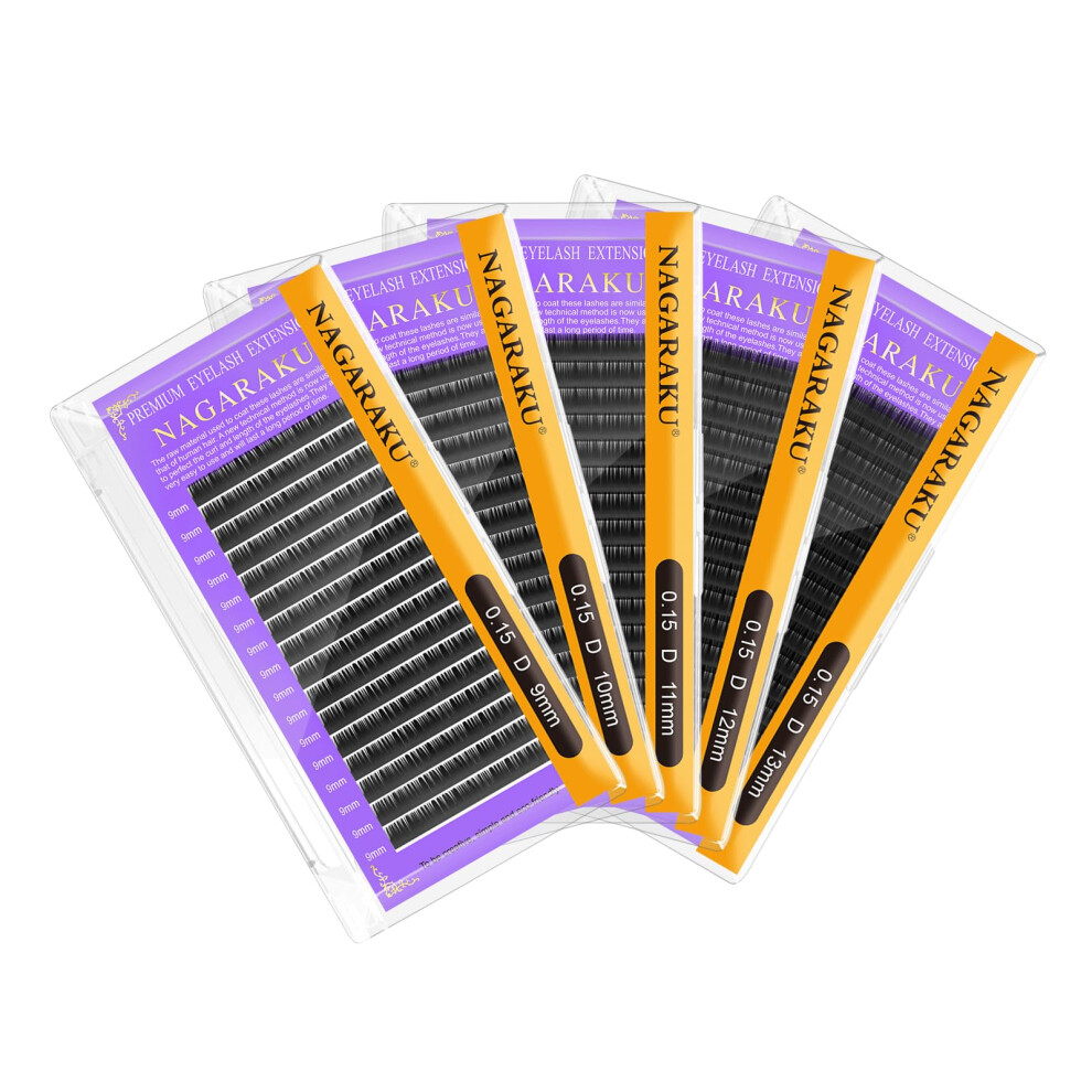Nagaraku Black 5 Trays Eyelash Extensions Supplies Classic 1:1 Lashes Individual Volume Lash Extensions Soft Single Natural Eyelashes Matte 16 Rows