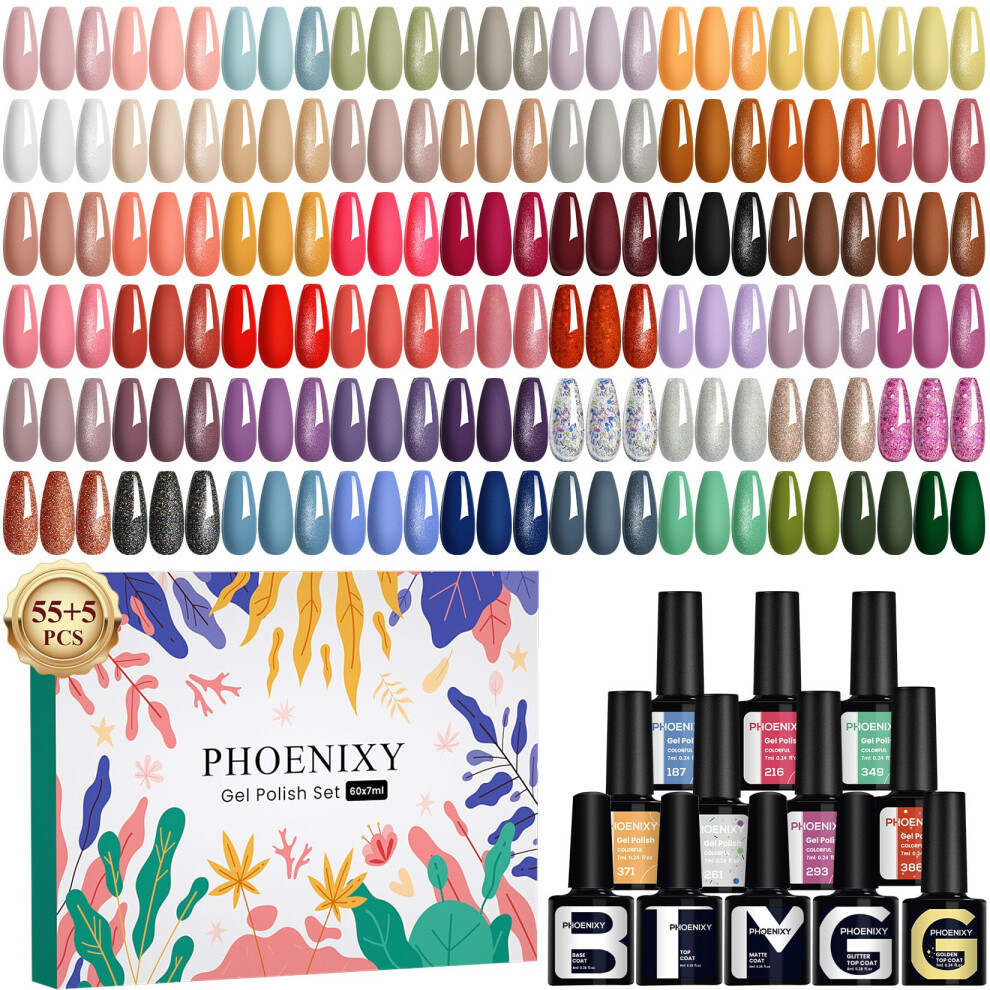 Phoenixy Gel Nail Polish Set - 60Pcs Gel Nail Polish 55 Colours 7Ml Nails Polishes With Base Coat Top Matte Glitter Coat Nail Varnish Sets Manicure