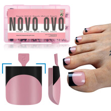 NOVO OVO Halloween Black French Tip Toe Nail Tips Press on, BERRY PINK Sharp Square Pre-Designed Soft Gel False Toenail Extension, Medium Fake