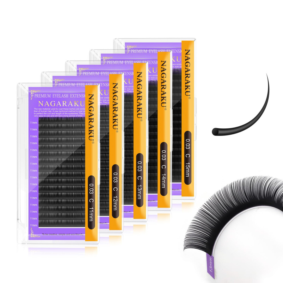 Nagaraku Black 5 Trays Eyelash Extensions Supplies Classic 1:1 Lashes Individual Volume Lash Extensions Soft Single Natural Eyelashes Matte 16 Rows